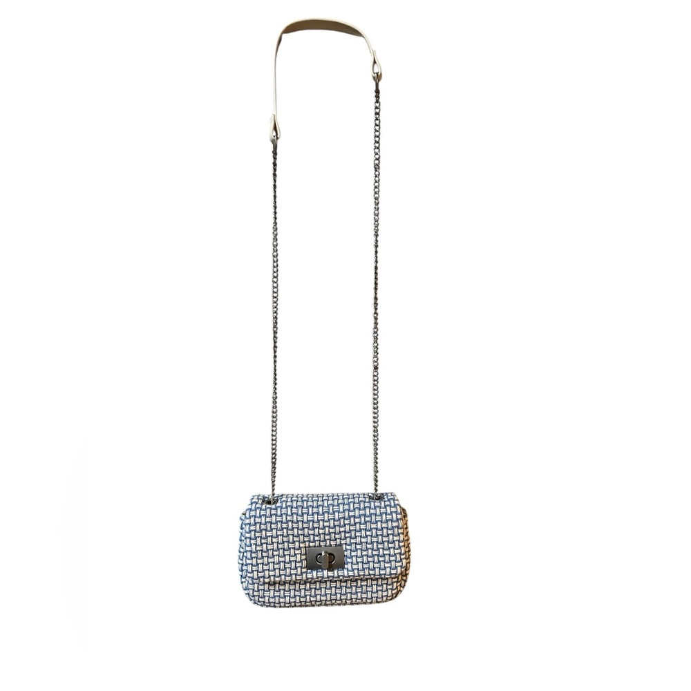 H&M Light Blue White Woven Tweed Silver Chain Crossbody Bag NWT - Picture 3 of 9